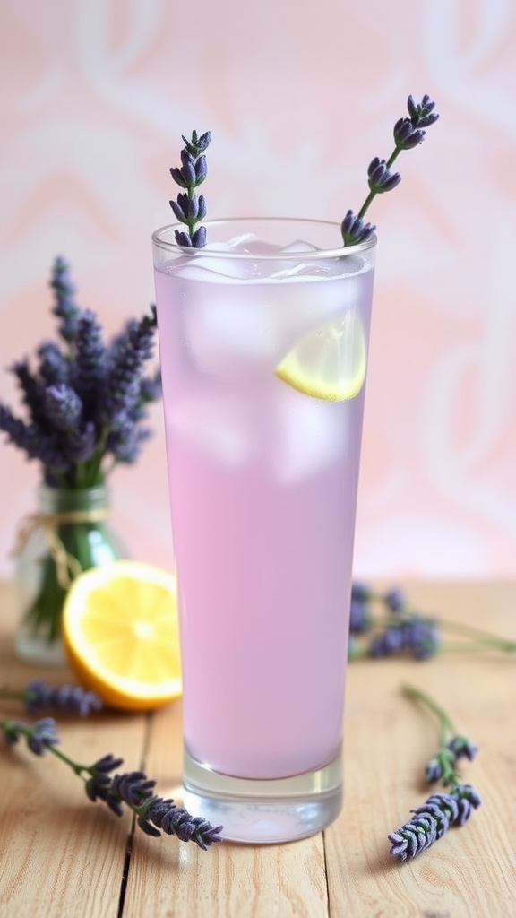 A glass of lavender rum lemonade garnished with lemon and lavender, on a wooden table with lavender flowers.
